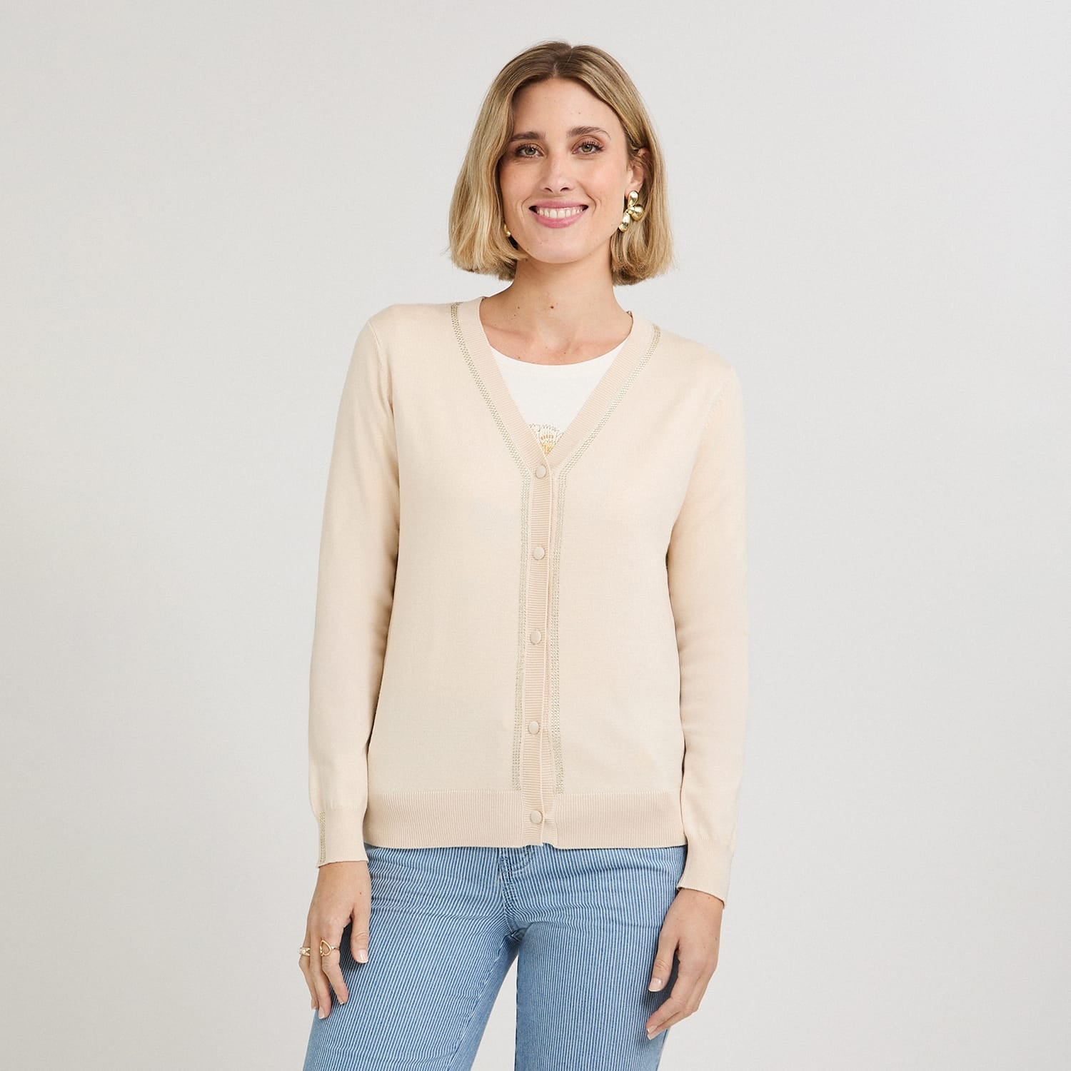 Cardigan con Aplicación de Strass Beige